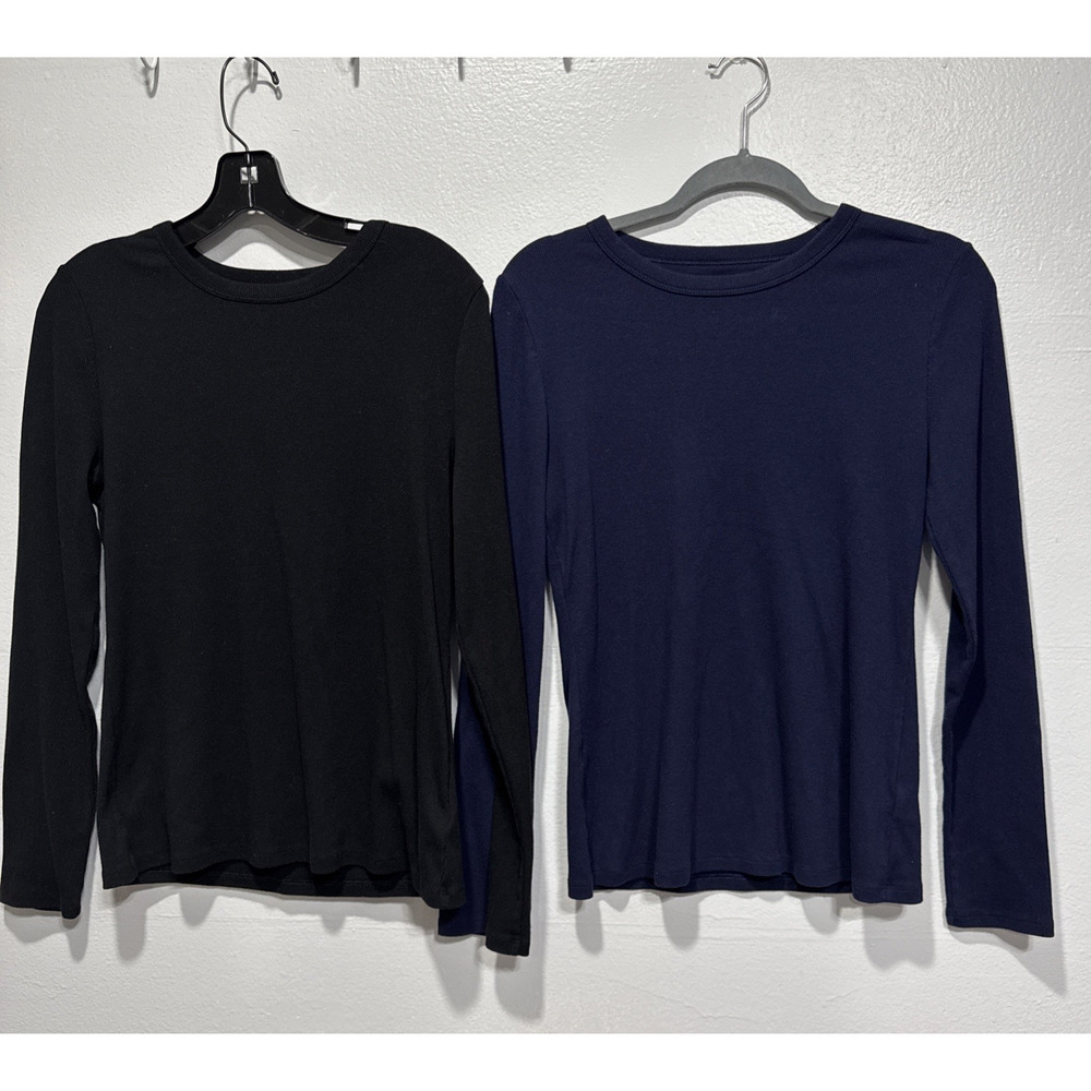 Gap Basic Ribbed T-Shirt Womens L Fitted Long Sleeve Tee Black Blue Layer Lot (2
